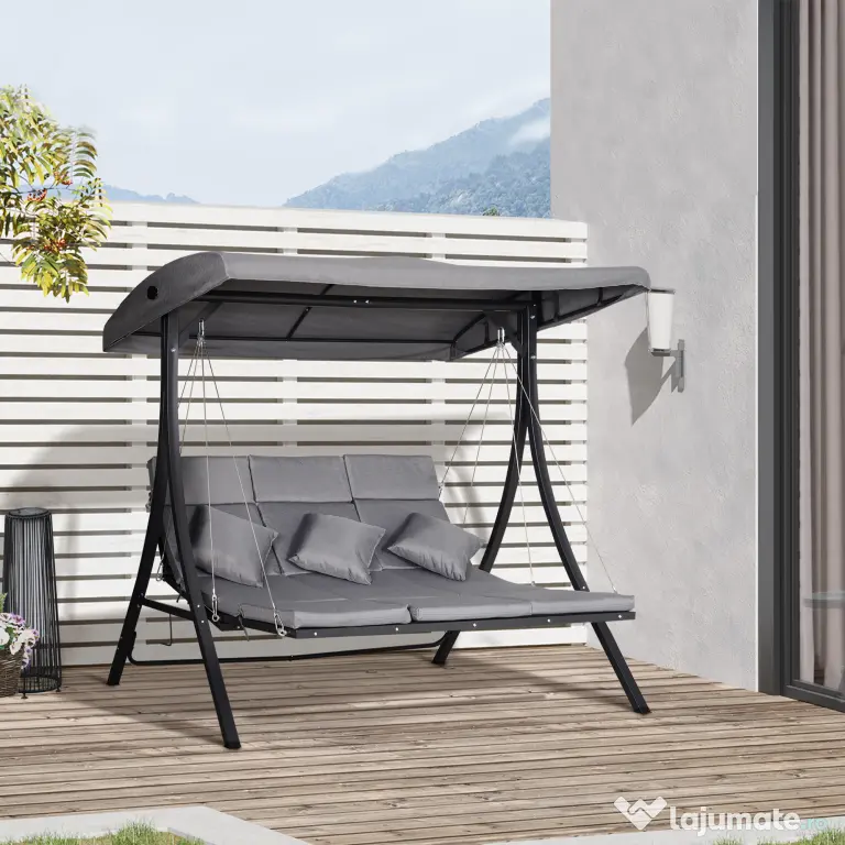 Outsunny Balansoar cu 3 scaune din material textil cu perne si acoperis reglabil gri 200 x 115 x 168 cm | Aosom Romania