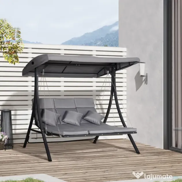 Outsunny Balansoar cu 3 scaune din material textil cu perne si acoperis reglabil gri 200 x 115 x 168 cm | Aosom Romania