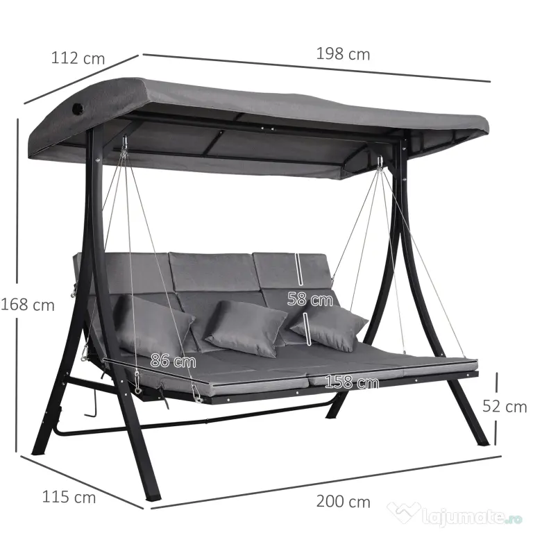 Outsunny Balansoar cu 3 scaune din material textil cu perne si acoperis reglabil gri 200 x 115 x 168 cm | Aosom Romania