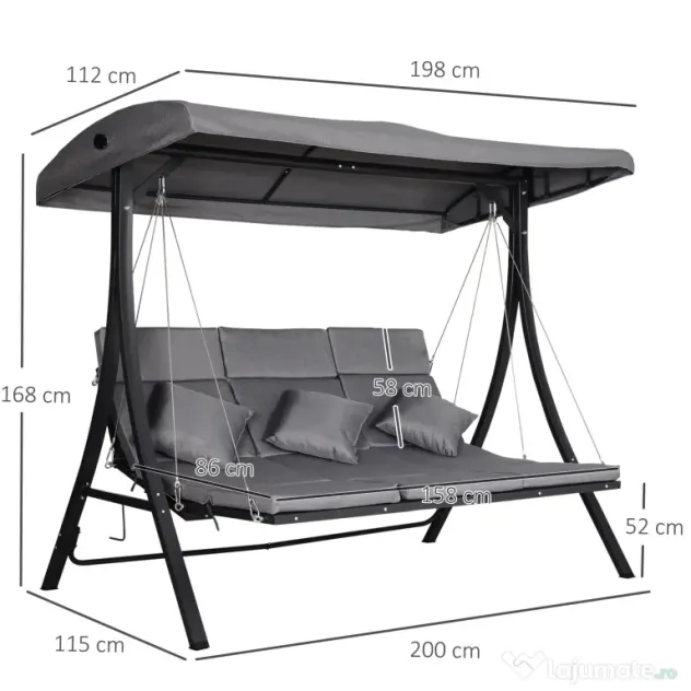 Outsunny Balansoar cu 3 scaune din material textil cu perne si acoperis reglabil gri 200 x 115 x 168 cm | Aosom Romania