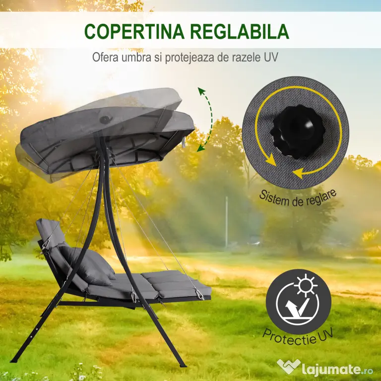Outsunny Balansoar cu 3 scaune din material textil cu perne si acoperis reglabil gri 200 x 115 x 168 cm | Aosom Romania