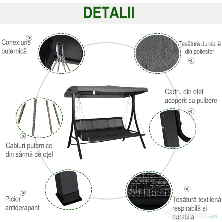 Outsunny Balansoar cu 3 scaune din material textil cu perne si acoperis reglabil gri 200 x 115 x 168 cm | Aosom Romania