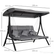 Outsunny Balansoar cu 3 Scaune din Material Textil cu Perne si Acoperis Reglabil, Gri, 200x115x168 cm 