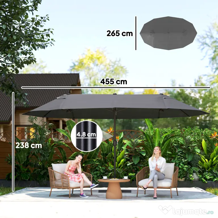 Outsunny Umbrelă Dublă pentru Grădină 455x265x238 cm, Parasolar Mare cu Manivelă Manuală, Rezistentă la Apă, Protecție Solară Gri | Aosom Romania