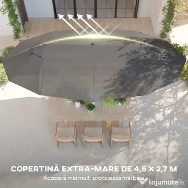Outsunny Umbrelă Dublă pentru Grădină 455x265x238 cm, Parasolar Mare cu Manivelă Manuală, Rezistentă la Apă, Protecție Solară Gri | Aosom Romania