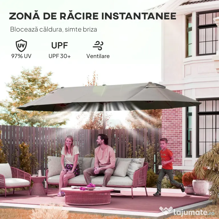 Outsunny Umbrelă Dublă pentru Grădină 455x265x238 cm, Parasolar Mare cu Manivelă Manuală, Rezistentă la Apă, Protecție Solară Gri | Aosom Romania