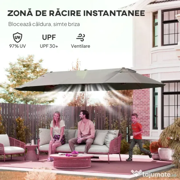 Outsunny Umbrelă Dublă pentru Grădină 455x265x238 cm, Parasolar Mare cu Manivelă Manuală, Rezistentă la Apă, Protecție Solară Gri | Aosom Romania