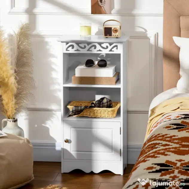 Dulapior pentru Baie din Lemn, Decor Floral Sculptat, Mobilier pentru organizare baie Alb HOMCOM | Aosom RO