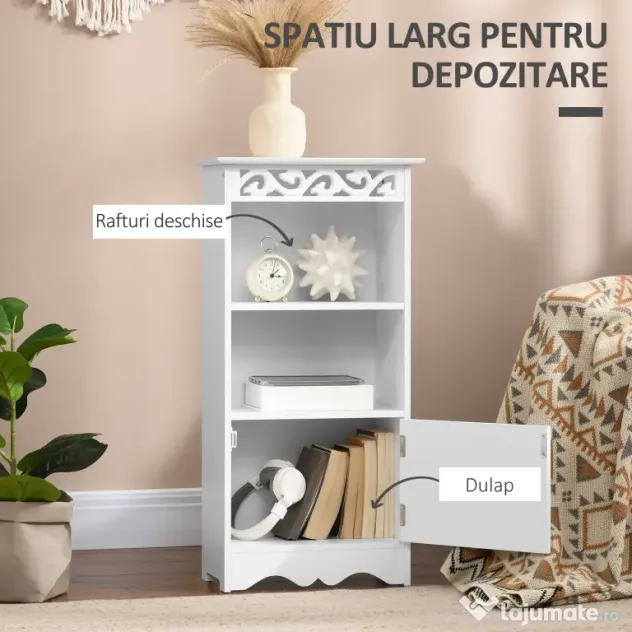 Dulapior pentru Baie din Lemn, Decor Floral Sculptat, Mobilier pentru organizare baie Alb HOMCOM | Aosom RO