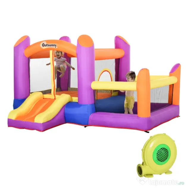 Outsunny Castel Gonflabil pentru Copii cu Tobogan și Piscină, Spațiu de Joacă pentru Exterior și Grădină, Pompa de Aer Inclusă, Multicolor