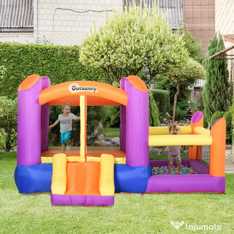 Outsunny Castel Gonflabil pentru Copii cu Tobogan și Piscină, Spațiu de Joacă pentru Exterior și Grădină, Pompa de Aer Inclusă, Multicolor