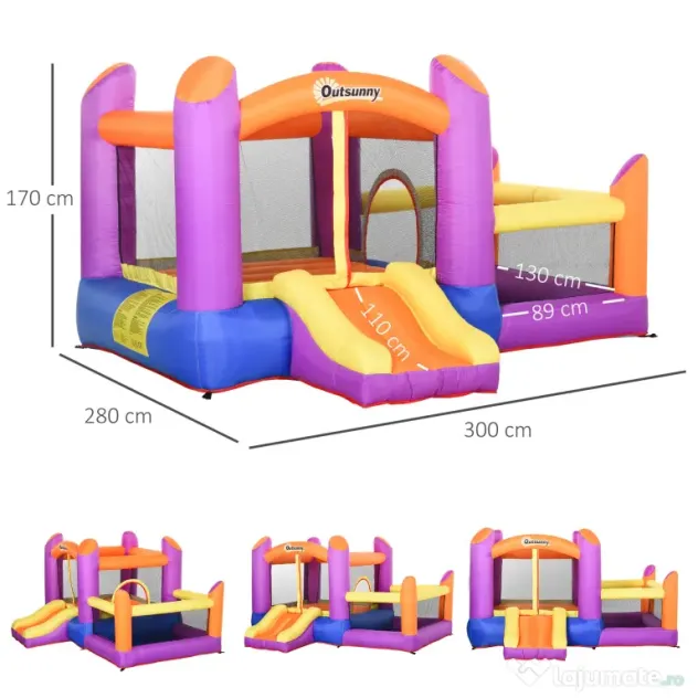 Outsunny Castel Gonflabil pentru Copii cu Tobogan și Piscină, Spațiu de Joacă pentru Exterior și Grădină, Pompa de Aer Inclusă, Multicolor