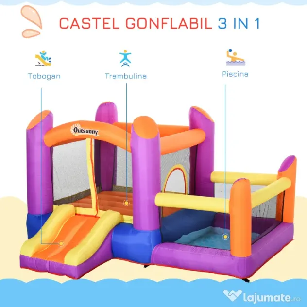 Outsunny Castel Gonflabil pentru Copii cu Tobogan și Piscină, Spațiu de Joacă pentru Exterior și Grădină, Pompa de Aer Inclusă, Multicolor