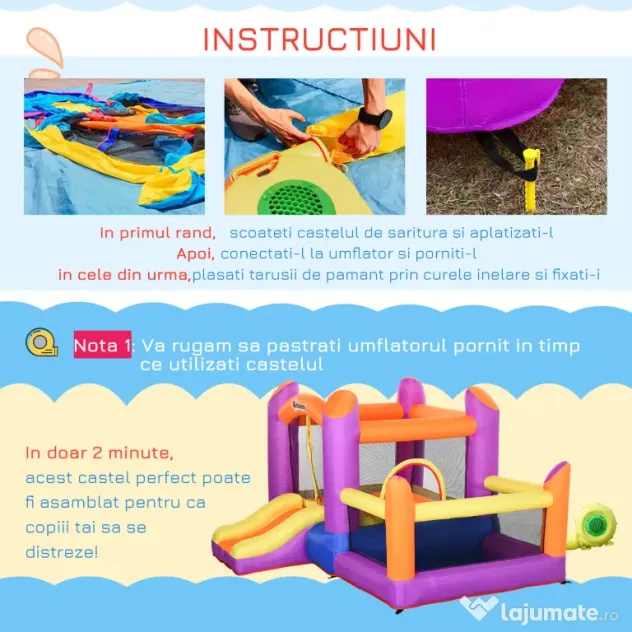 Outsunny Castel Gonflabil pentru Copii cu Tobogan și Piscină, Spațiu de Joacă pentru Exterior și Grădină, Pompa de Aer Inclusă, Multicolor