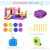 Outsunny Castel Gonflabil pentru Copii cu Tobogan și Piscină, Spațiu de Joacă pentru Exterior și Grădină, Pompa de Aer Inclusă, Multicolor 