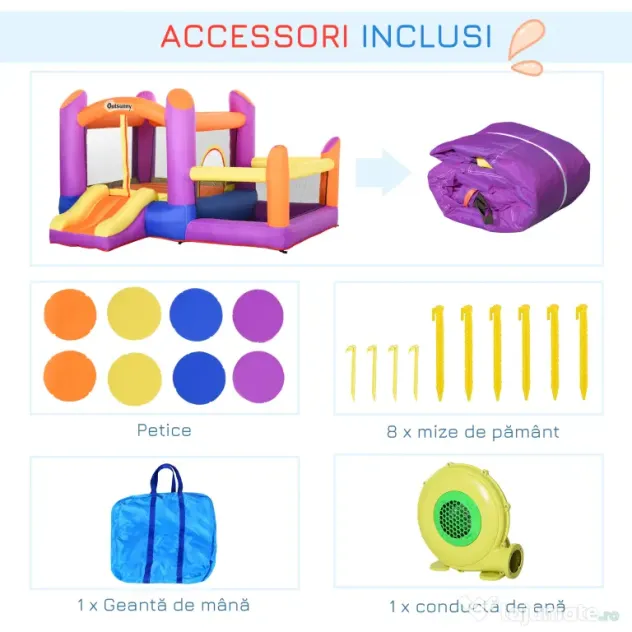 Outsunny Castel Gonflabil pentru Copii cu Tobogan și Piscină, Spațiu de Joacă pentru Exterior și Grădină, Pompa de Aer Inclusă, Multicolor