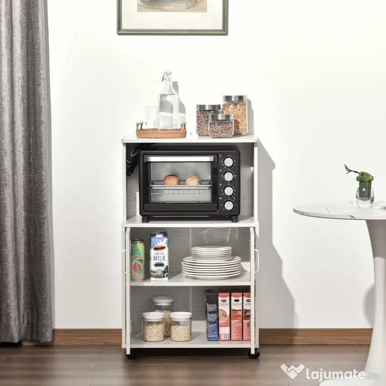 Mobilier de bucatarie cu roti HOMCOM, 60.4x40.3x 97cm, textura lemn alb/dungat | Aosom RO