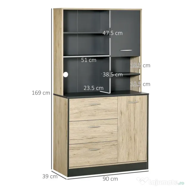 Dulapuri de bucatarie 4 Rafturi, cu 3 sertare mari și un dulap mare, din PAL Stejar si Negru, 90x39x169cm HOMCOM | Aosom RO