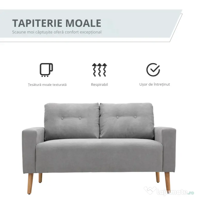 HOMCOM Canapea Compacta 2 Locuri Design Modern, Spate Matlasat, Gri