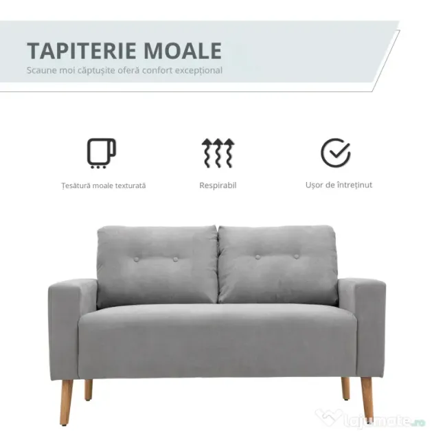 HOMCOM Canapea Compacta 2 Locuri Design Modern, Spate Matlasat, Gri