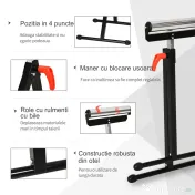 HOMCOM trepied cu Role si Inaltime Reglabila din Metal, Design Pliabil care Economiseste Spatiu cu Rulmenti cu Bila, 44x50x68-110 cm, Negru si Argintiu 