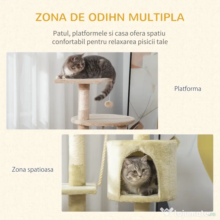 Ansamblu de joaca pentru pisici din MDF acoperit de pluș, stalpi de ascutit unghii si căsuță 75x40x112cm bej PawHut | Aosom Romania