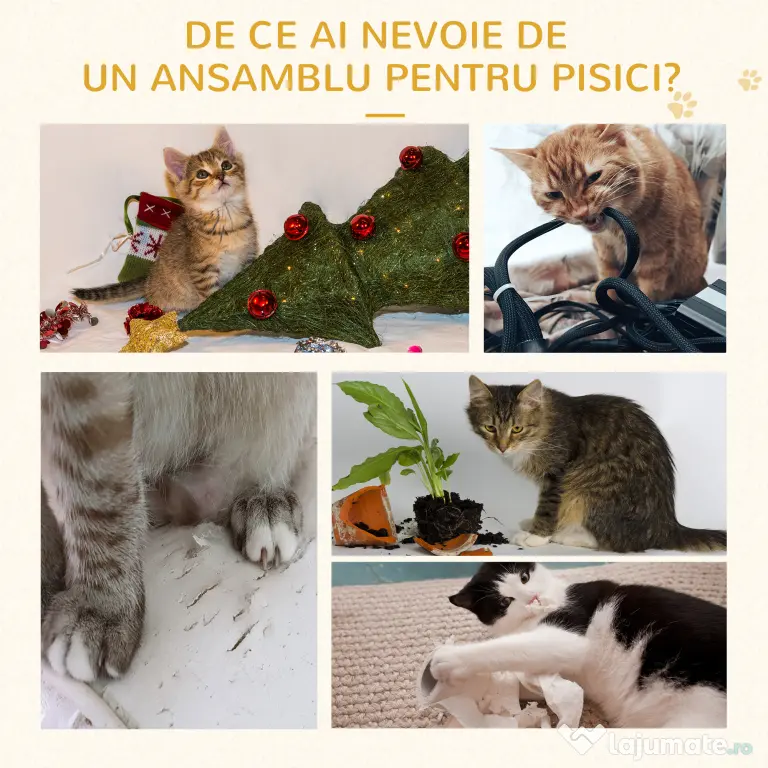 Ansamblu de joaca pentru pisici din MDF acoperit de pluș, stalpi de ascutit unghii si căsuță 75x40x112cm bej PawHut | Aosom Romania
