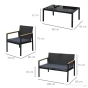 Outsunny Set Mobilier de Grădină din Ratan din 2 Scaune cu Brațe pentru Terasă, Bancă și Masă de Cafea, 80x42x37 cm, Negru | Aosom Romania 