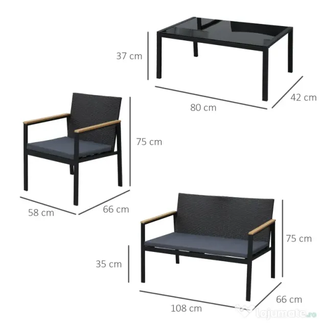 Outsunny Set Mobilier de Grădină din Ratan din 2 Scaune cu Brațe pentru Terasă, Bancă și Masă de Cafea, 80x42x37 cm, Negru | Aosom Romania