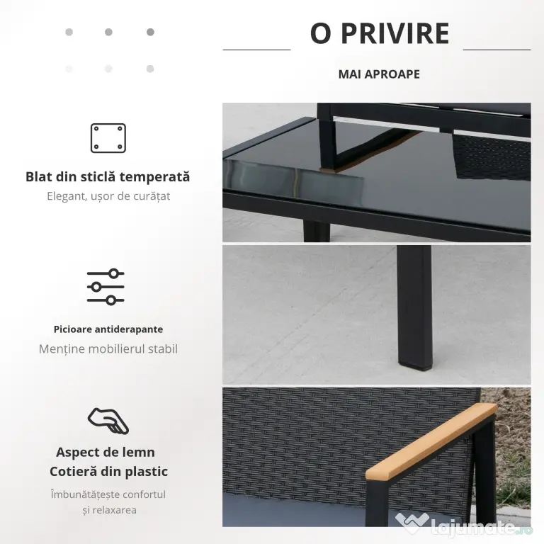 Outsunny Set Mobilier de Grădină din Ratan din 2 Scaune cu Brațe pentru Terasă, Bancă și Masă de Cafea, 80x42x37 cm, Negru | Aosom Romania