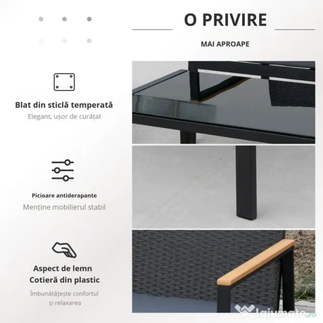 Outsunny Set Mobilier de Grădină din Ratan din 2 Scaune cu Brațe pentru Terasă, Bancă și Masă de Cafea, 80x42x37 cm, Negru | Aosom Romania