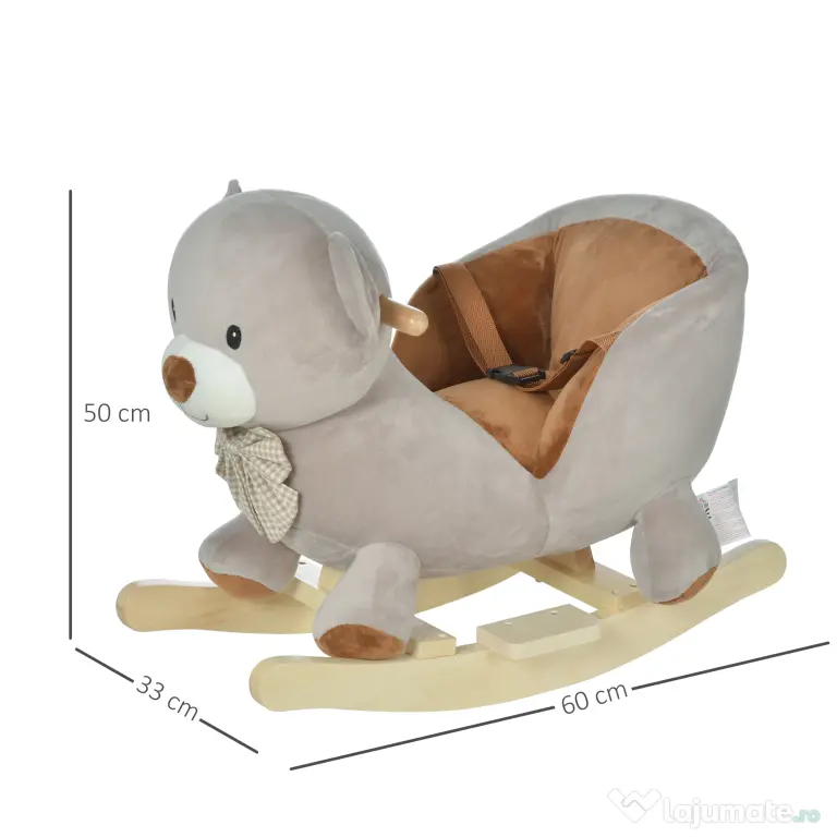 Cal tip Balansoar HOMCOM in Forma de Urs leagan cu Sunete, Calut tip jucarie moale pentru Copii 18-36 luni Interactiv, Gri, 60x33x50cm | Aosom Romania