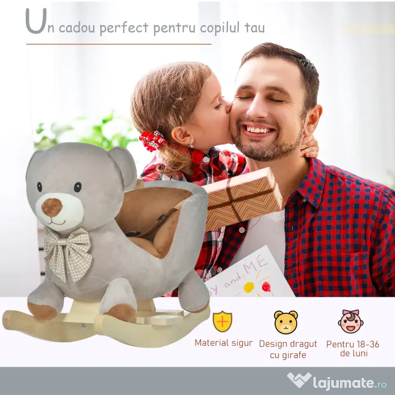 Cal tip Balansoar HOMCOM in Forma de Urs leagan cu Sunete, Calut tip jucarie moale pentru Copii 18-36 luni Interactiv, Gri, 60x33x50cm | Aosom Romania