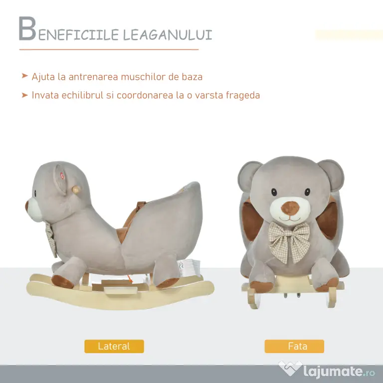 Cal tip Balansoar HOMCOM in Forma de Urs leagan cu Sunete, Calut tip jucarie moale pentru Copii 18-36 luni Interactiv, Gri, 60x33x50cm | Aosom Romania