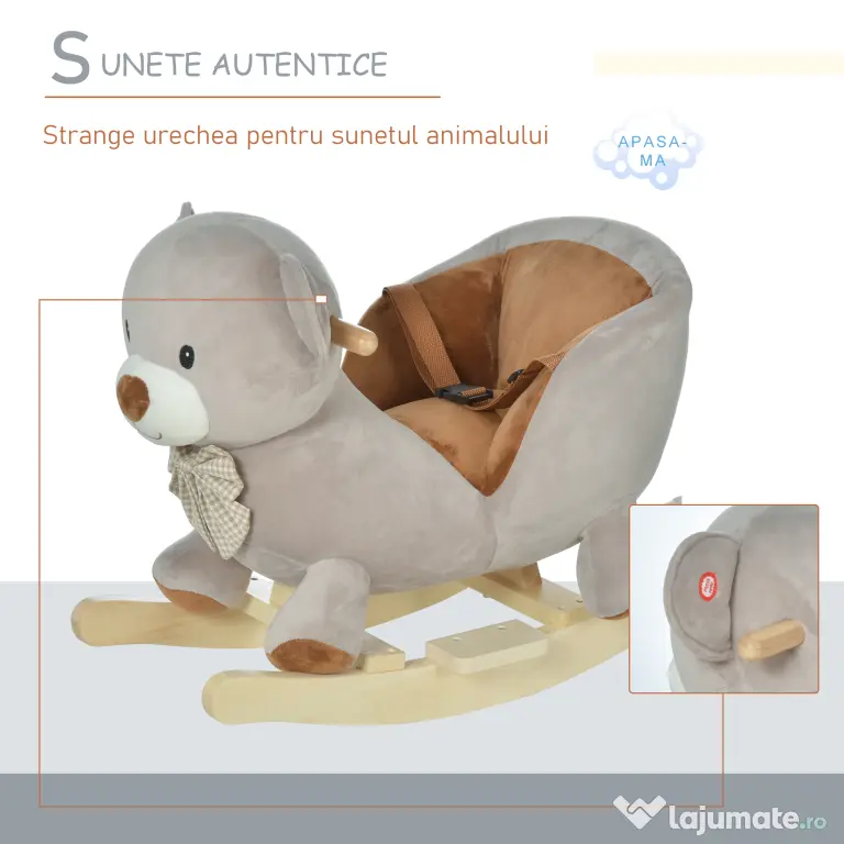 Cal tip Balansoar HOMCOM in Forma de Urs leagan cu Sunete, Calut tip jucarie moale pentru Copii 18-36 luni Interactiv, Gri, 60x33x50cm | Aosom Romania