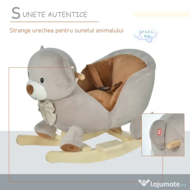 Cal tip Balansoar HOMCOM in Forma de Urs leagan cu Sunete, Calut tip jucarie moale pentru Copii 18-36 luni Interactiv, Gri, 60x33x50cm | Aosom Romania