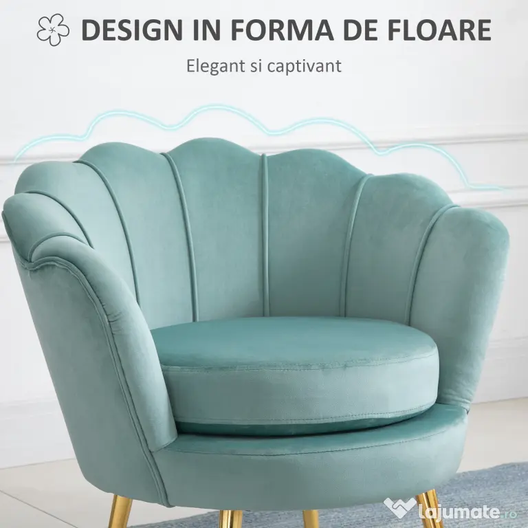 Fotoliu cu design vintage din Catifea, Spatar curbat, 76x76x74cm Verde HOMCOM | Aosom Romania