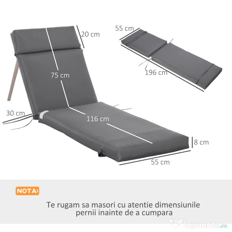 Outsunny Set 2 Perne pentru Scaune de Exterior cu Curele, Perne de Exterior Umplute cu Bumbac și Poliester, pentru Șezlonguri, Fotolii de Grădină, 196x55x8 cm, Gri Închis | Aosom Romania