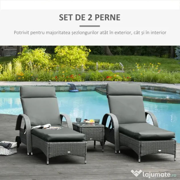 Outsunny Set 2 Perne pentru Scaune de Exterior cu Curele, Perne de Exterior Umplute cu Bumbac și Poliester, pentru Șezlonguri, Fotolii de Grădină, 196x55x8 cm, Gri Închis | Aosom Romania