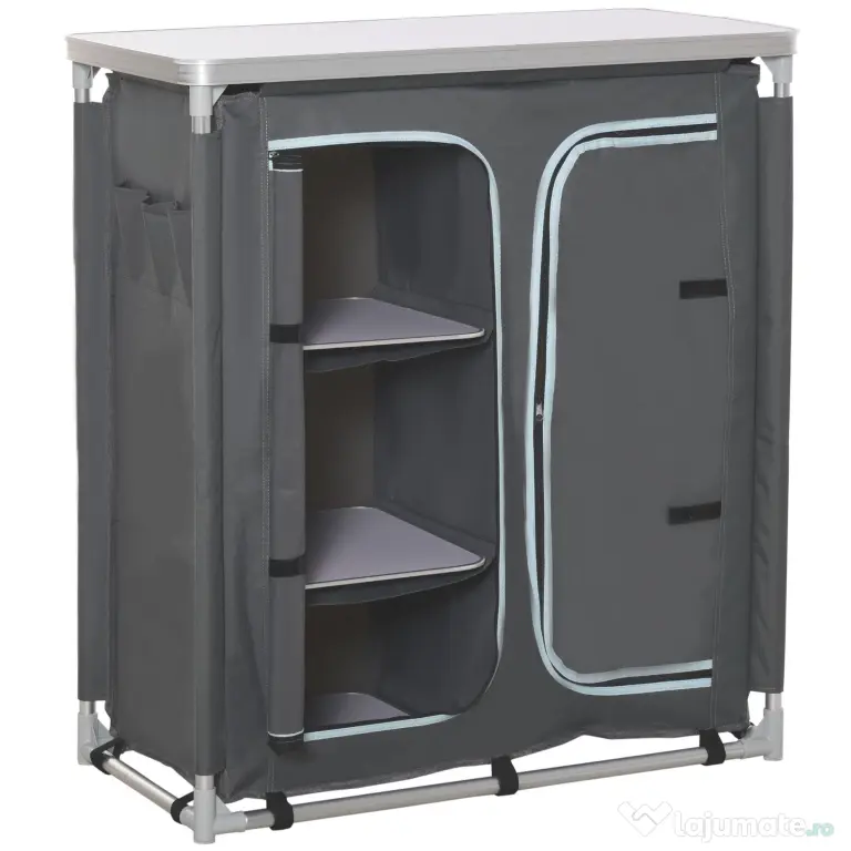 Outsunny Bucatarie de Camping, 3 Etajere și Geanta de Transport, Cadru din Aluminiu 96Lx49.5Px104cm Gri | Aosom Romania
