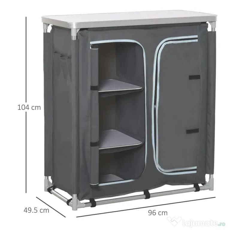 Outsunny Bucatarie de Camping, 3 Etajere și Geanta de Transport, Cadru din Aluminiu 96Lx49.5Px104cm Gri | Aosom Romania