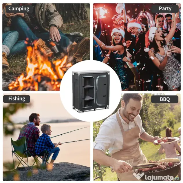 Outsunny Bucatarie de Camping, 3 Etajere și Geanta de Transport, Cadru din Aluminiu 96Lx49.5Px104cm Gri | Aosom Romania