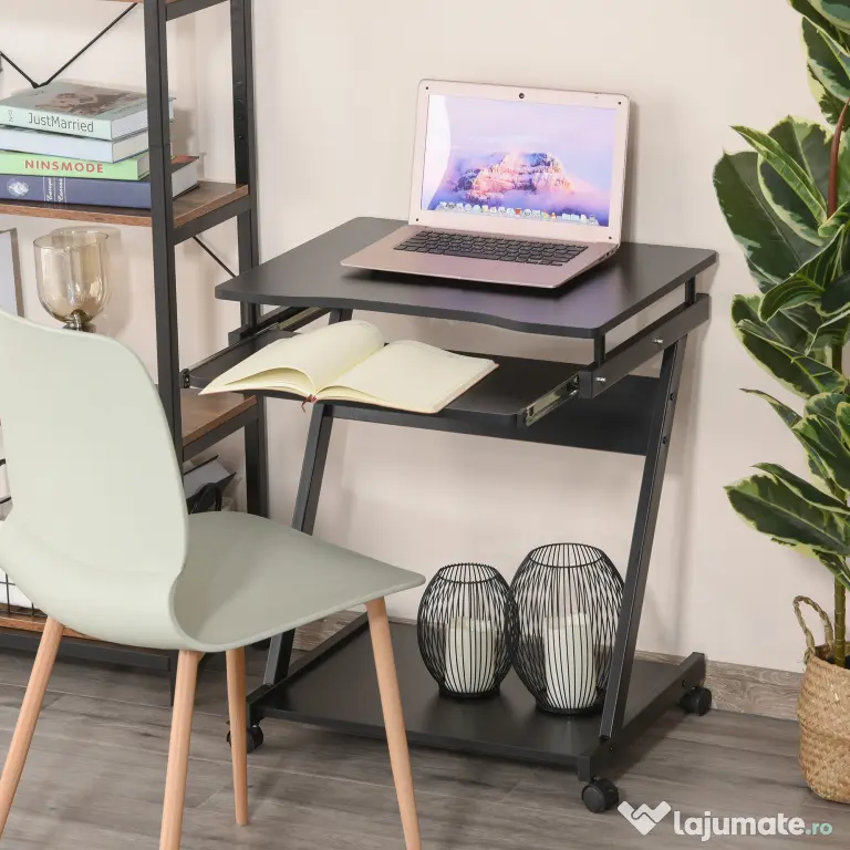 Birou cu suport pentru PC si tastatura, cu 4 roti, negru 60x48x73cm HOMCOM | Aosom RO