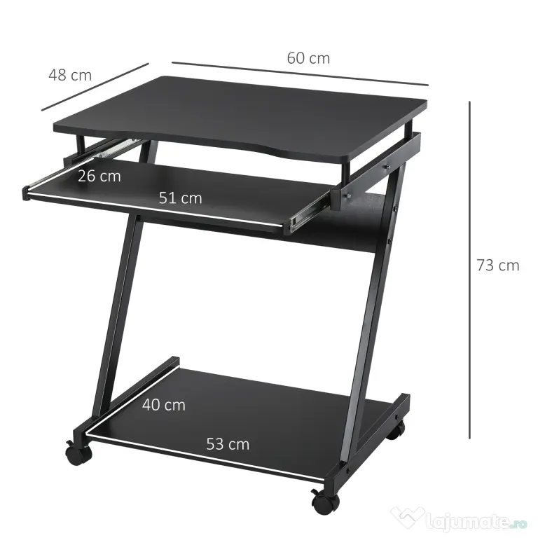 Birou cu suport pentru PC si tastatura, cu 4 roti, negru 60x48x73cm HOMCOM | Aosom RO