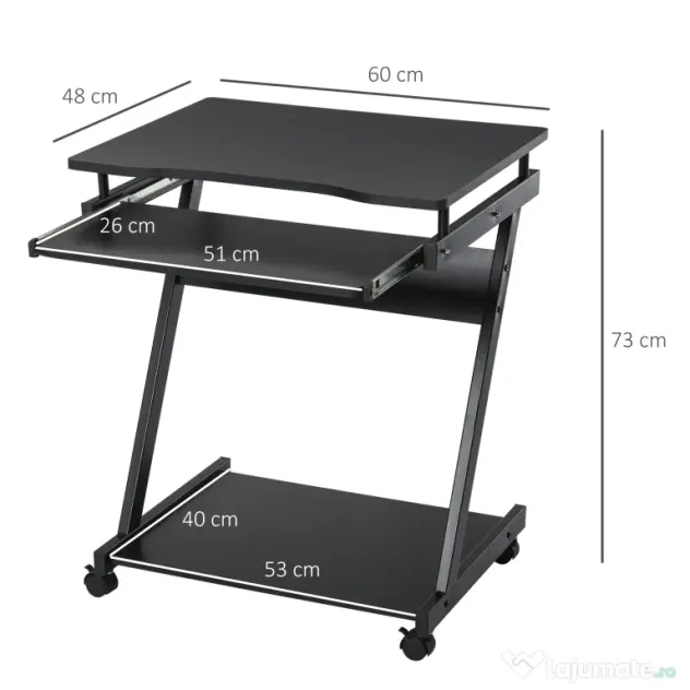 Birou cu suport pentru PC si tastatura, cu 4 roti, negru 60x48x73cm HOMCOM | Aosom RO