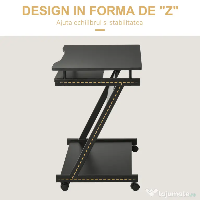 Birou cu suport pentru PC si tastatura, cu 4 roti, negru 60x48x73cm HOMCOM | Aosom RO