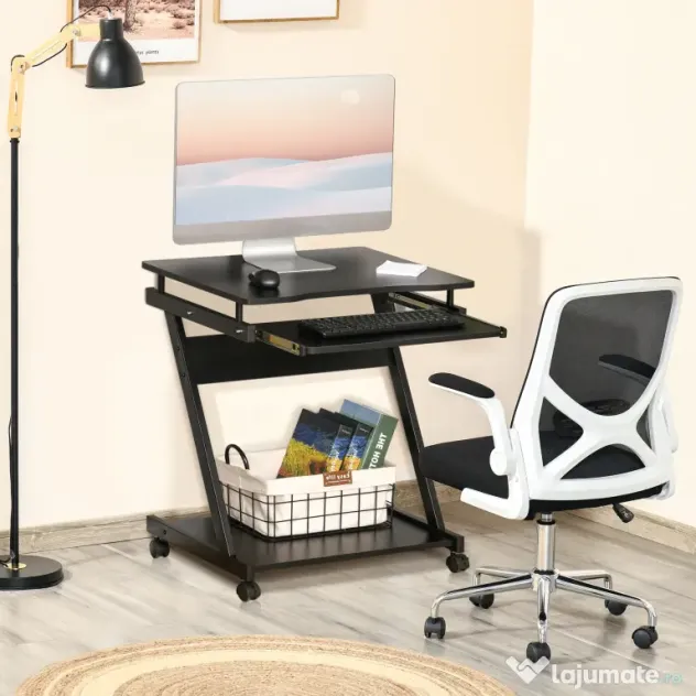 Birou cu suport pentru PC si tastatura, cu 4 roti, negru 60x48x73cm HOMCOM | Aosom RO