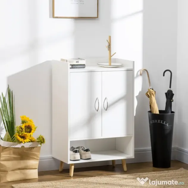 Dulap Pantofar Economie de spatiu din Lemn Alb cu Compartiment deschis, Dulap Pantofar Design pentru Intrare, 60x30x92cm HOMCOM | Aosom RO