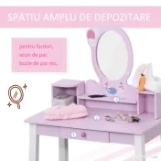 HOMCOM set masa de toaleta cu oglinda si scaun, masa de printese pentru copii, masa de machiaj | Aosom Romania 