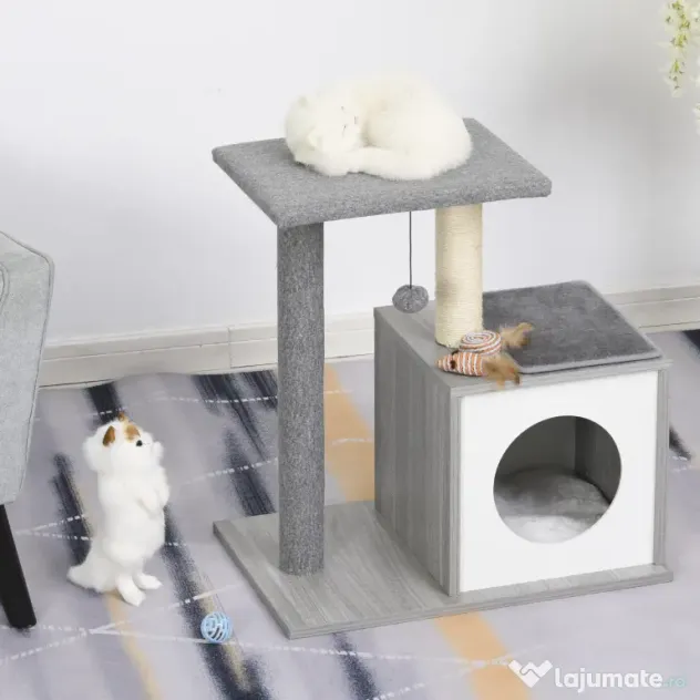 PawHut Centru de Activități pentru Pisici, Culcuș cu Pernă Detașabilă, Stâlp din Sisal, Design Modern, Gri | Aosom Romania